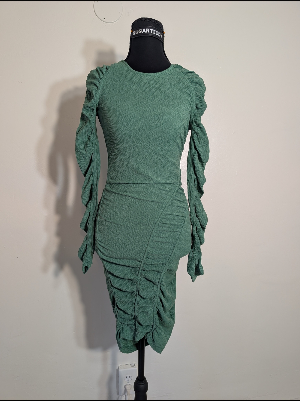 STINE GOYA Sage Green Ruched Long-Sleeve Midi Dress